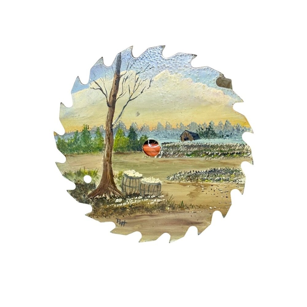 Hand-Painted Landscape Art On Vintage Saw Blade - Tree Barrels Rural Scene - Picture 7 of 12
